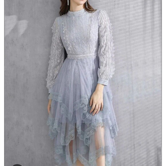 BURRYCO Dresses & Skirts - Burryco Blue Lace Tiered Mesh Midi Dress Size 4 Fairy Coquette Soft Girl Ballet